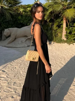 Outlet Chiffon High-Low Hem Cutout Long Dress Black Dresses|Vacation Dresses