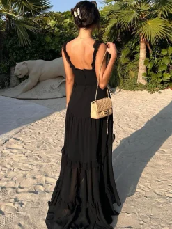 Outlet Chiffon High-Low Hem Cutout Long Dress Black Dresses|Vacation Dresses