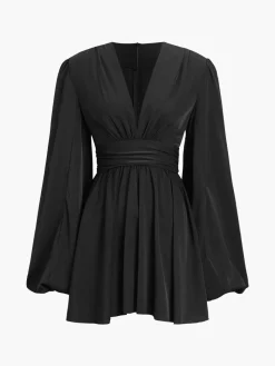 Chiffon Low Cut V-neck Pleated Zip Mini Dress Black Dresses|Casual Dresses