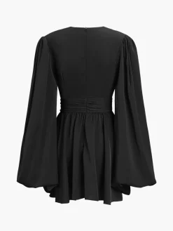 Chiffon Low Cut V-neck Pleated Zip Mini Dress Black Dresses|Casual Dresses