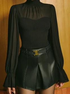 New Chiffon Pleated Tie Neck Panel Shirt Tops