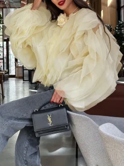 New Chiffon Ruffled Crew Neck Blouse Blouses & Shirts|Tops