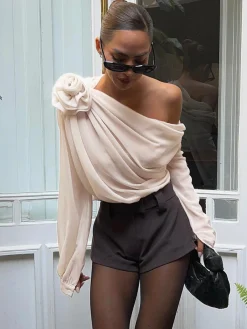 Hot Chiffon Semi-sheer One Shoulder Asymmetrical Top Blouses & Shirts|Tops