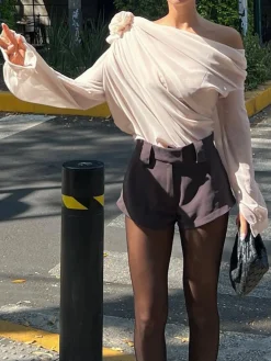 Hot Chiffon Semi-sheer One Shoulder Asymmetrical Top Blouses & Shirts|Tops