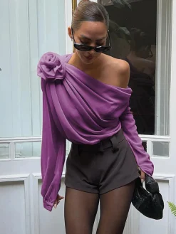 Hot Chiffon Semi-sheer One Shoulder Asymmetrical Top Blouses & Shirts|Tops