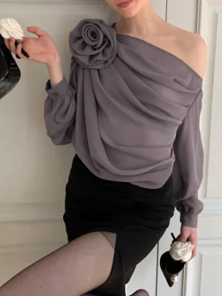 Hot Chiffon Semi-sheer One Shoulder Asymmetrical Top Blouses & Shirts|Tops