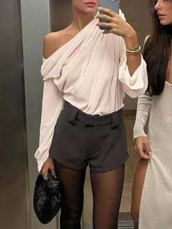 Hot Chiffon Semi-sheer One Shoulder Asymmetrical Top Blouses & Shirts|Tops