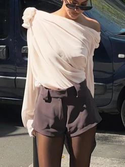 Hot Chiffon Semi-sheer One Shoulder Asymmetrical Top Blouses & Shirts|Tops