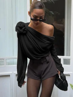 Hot Chiffon Semi-sheer One Shoulder Asymmetrical Top Blouses & Shirts|Tops