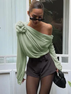 Hot Chiffon Semi-sheer One Shoulder Asymmetrical Top Blouses & Shirts|Tops