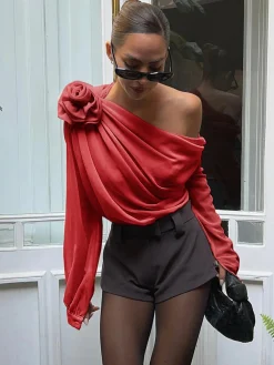 Hot Chiffon Semi-sheer One Shoulder Asymmetrical Top Blouses & Shirts|Tops