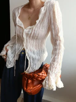 Sale Chiffon Sheer Lettuce Trim Long Sleeve Shirt Blouses & Shirts|Tops