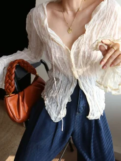 Sale Chiffon Sheer Lettuce Trim Long Sleeve Shirt Blouses & Shirts|Tops