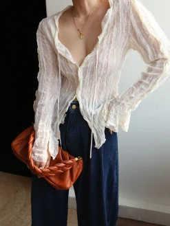 Sale Chiffon Sheer Lettuce Trim Long Sleeve Shirt Blouses & Shirts|Tops