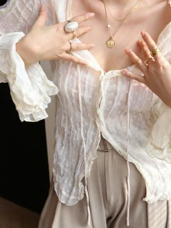 Sale Chiffon Sheer Lettuce Trim Long Sleeve Shirt Blouses & Shirts|Tops