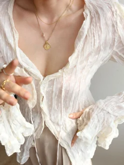 Sale Chiffon Sheer Lettuce Trim Long Sleeve Shirt Blouses & Shirts|Tops