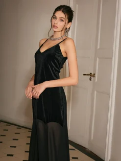 Clearance Chiffon-Hem Velvet Cami Dress Black Dresses|Cocktail & Party Dresses