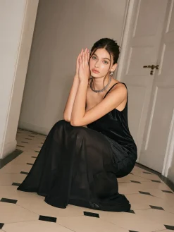 Clearance Chiffon-Hem Velvet Cami Dress Black Dresses|Cocktail & Party Dresses