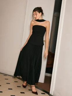 Clearance Choker Design Pleated Panel Dress Black Dresses|Cocktail & Party Dresses