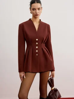 Outlet Cinched Pleated Blazer With Shoulder Pads Outerwear|Blazers