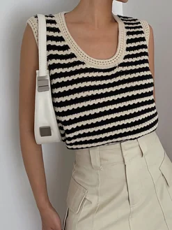 Online Classy Stripe Crochet Sweater Vest Sweater Vests|Sweaters & Cardigans