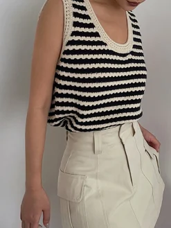 Online Classy Stripe Crochet Sweater Vest Sweater Vests|Sweaters & Cardigans