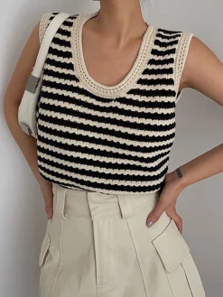 Online Classy Stripe Crochet Sweater Vest Sweater Vests|Sweaters & Cardigans