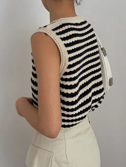 Online Classy Stripe Crochet Sweater Vest Sweater Vests|Sweaters & Cardigans