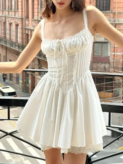 Sale Coastal Cowgirl Lace Trim Corset Short Dress White Dresses|Casual Dresses
