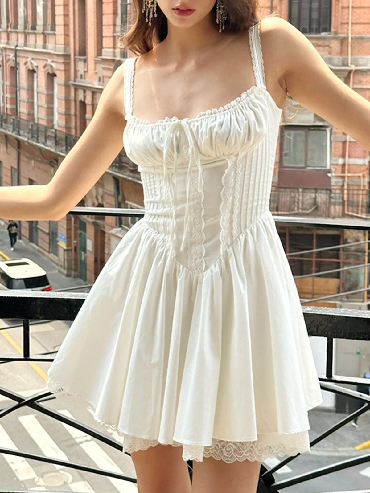 Sale Coastal Cowgirl Lace Trim Corset Short Dress White Dresses|Casual Dresses