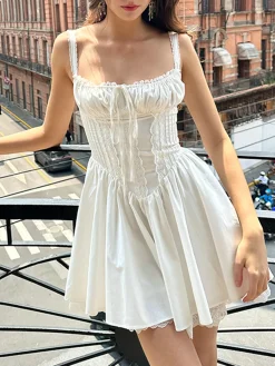 Sale Coastal Cowgirl Lace Trim Corset Short Dress White Dresses|Casual Dresses