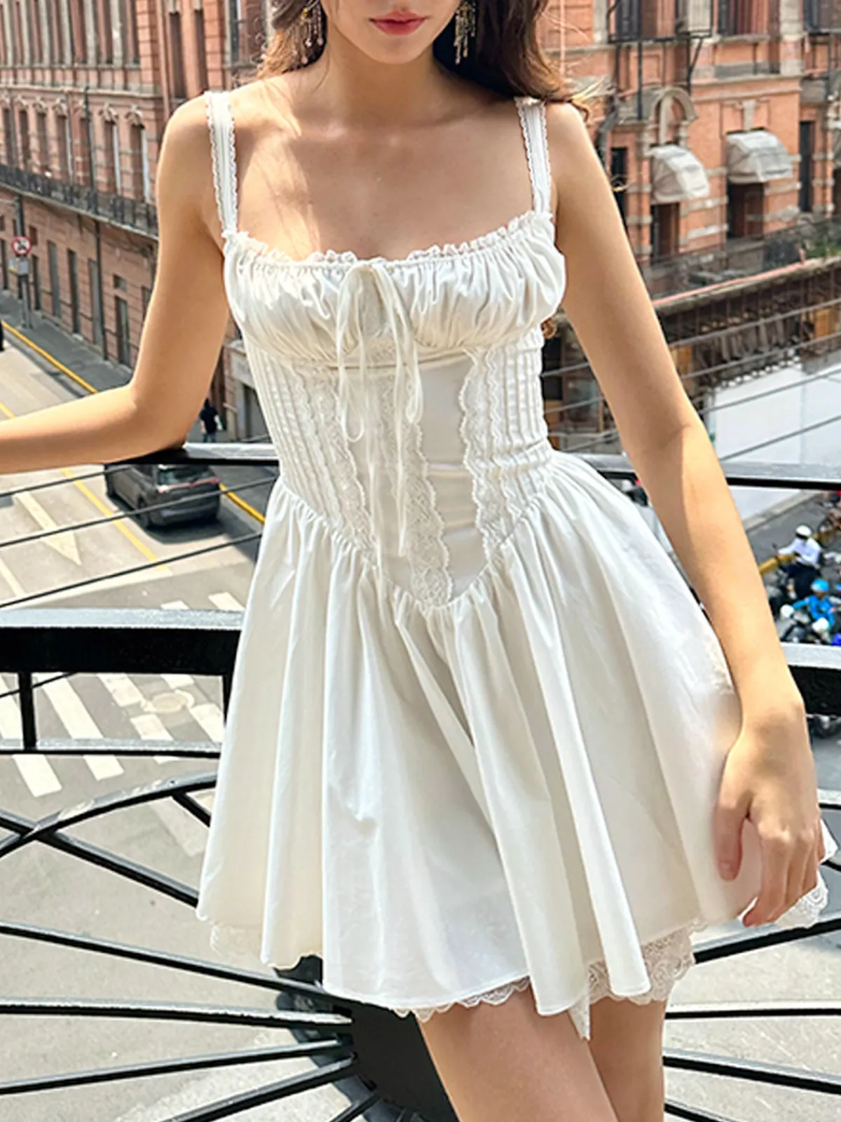 Sale Coastal Cowgirl Lace Trim Corset Short Dress White Dresses|Casual Dresses