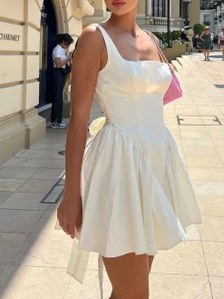Hot Coastal Cowgirl Open Back Zippered Short Dress White Dresses|Casual Dresses
