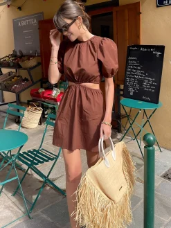 Sale Cocoa Bean Cotton Blends Cutout Short Dress Casual Dresses|Vacation Dresses