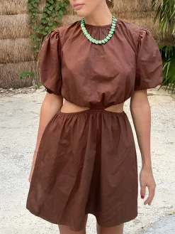 Sale Cocoa Bean Cotton Blends Cutout Short Dress Casual Dresses|Vacation Dresses