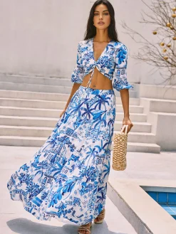 Sale Cocoa Palm Print Boho Knotted Vacation Skirt Set Skirt Sets|Long Sleeve Sets