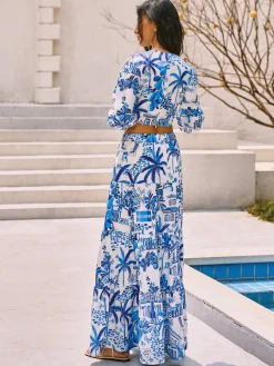 Sale Cocoa Palm Print Boho Knotted Vacation Skirt Set Skirt Sets|Long Sleeve Sets