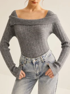Clearance Cold Shoulder Ribbed Slim Sweater Sweater Tops|Sweaters & Cardigans