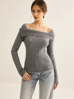 Clearance Cold Shoulder Ribbed Slim Sweater Sweater Tops|Sweaters & Cardigans