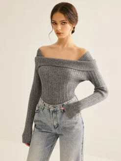 Clearance Cold Shoulder Ribbed Slim Sweater Sweater Tops|Sweaters & Cardigans