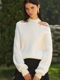 Outlet Cold-Shoulder Choker Shift Sweater Knitwear|Tops