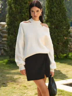 Outlet Cold-Shoulder Choker Shift Sweater Knitwear|Tops