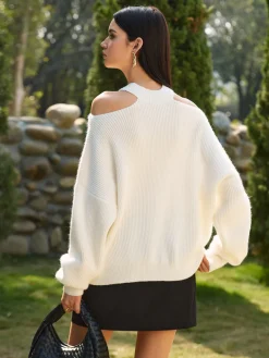 Outlet Cold-Shoulder Choker Shift Sweater Knitwear|Tops