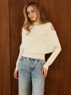 Discount Cold-Shoulder Criss Cross Panel Sweater Sweater Tops|Sweaters & Cardigans