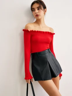 Hot Cold-Shoulder Lettuce Trim Blouse Blouses & Shirts|Tops