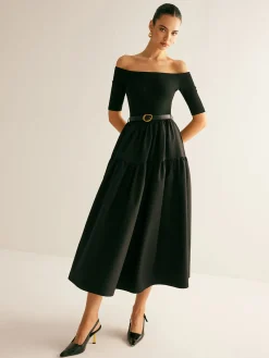 Clearance Cold-Shoulder Panel Pleated Belted Dress Black Dresses|Casual Dresses