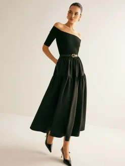 Clearance Cold-Shoulder Panel Pleated Belted Dress Black Dresses|Casual Dresses