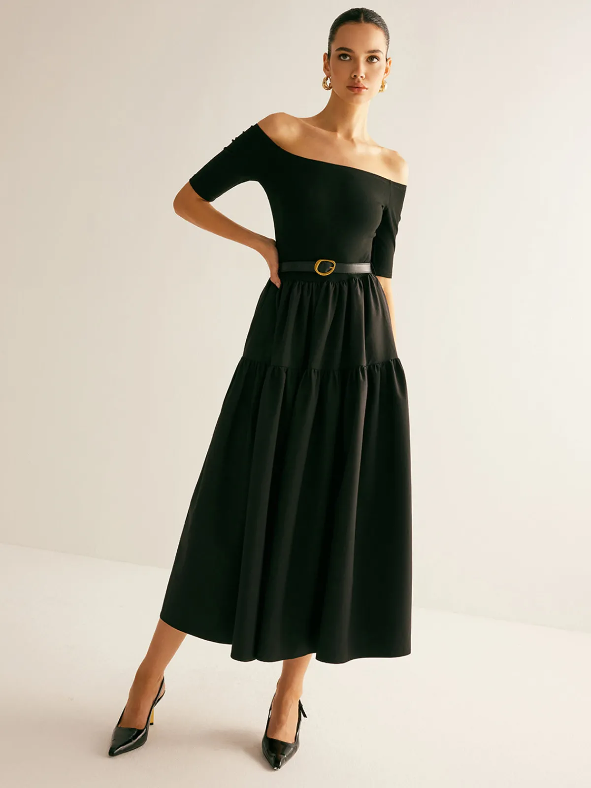 Clearance Cold-Shoulder Panel Pleated Belted Dress Black Dresses|Casual Dresses