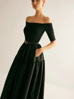 Clearance Cold-Shoulder Panel Pleated Belted Dress Black Dresses|Casual Dresses