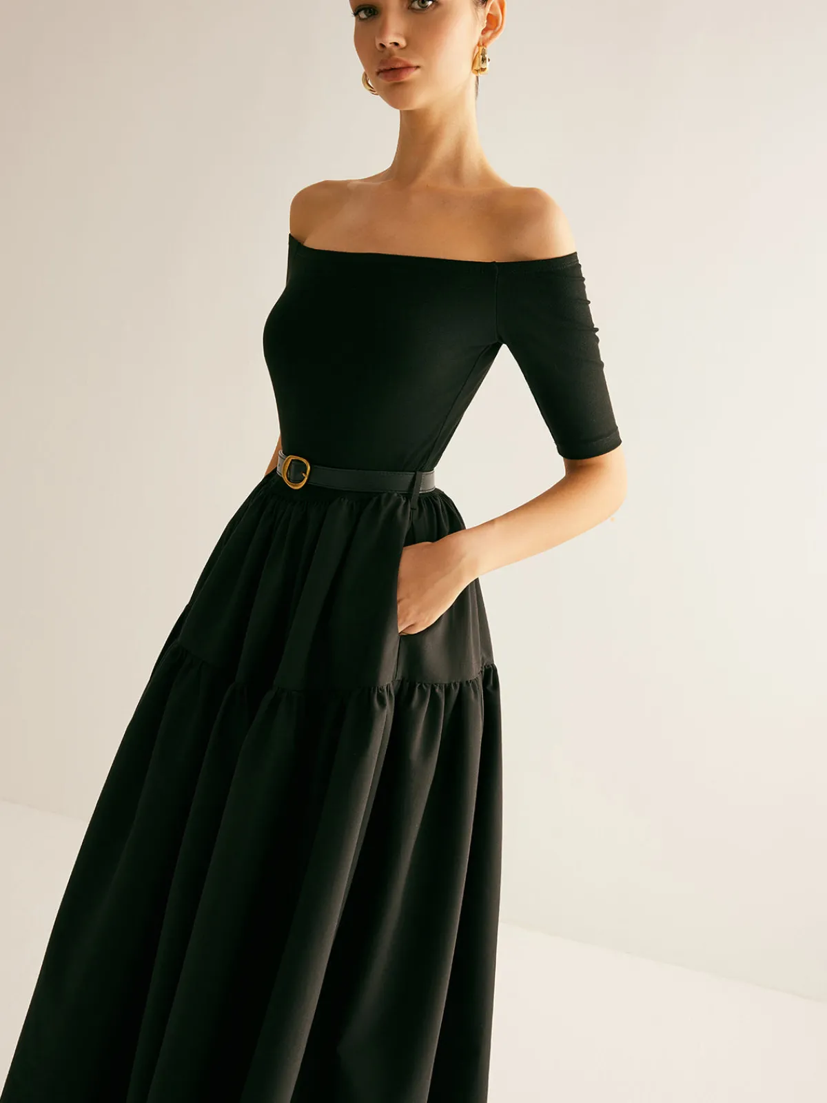 Clearance Cold-Shoulder Panel Pleated Belted Dress Black Dresses|Casual Dresses